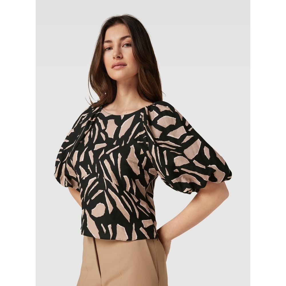 DKNY Linen Blend Puff Sleeve Top Womens M Black Blush Abstract Print NWOT
